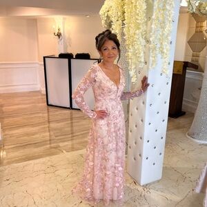 Mac Duggal Light Pink Floral Long Sleeve Dress